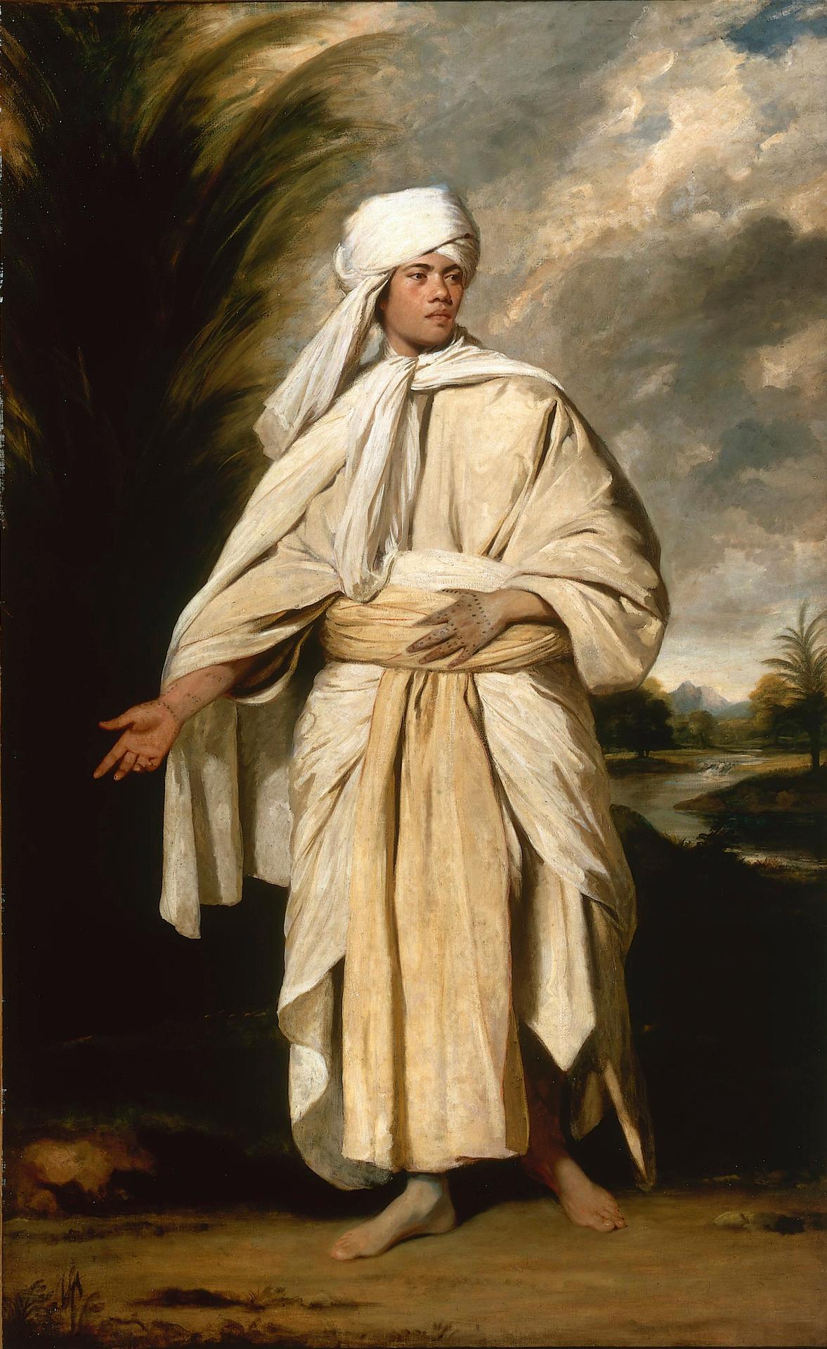 A portrait of Mai (“Omai”), circa 1776, by Sir Joshua Reynolds. Oil on canvas; 92 15/16 inches by 57 1/5 inches. National Portrait Gallery, London and Getty Museum, Los Angeles. (PD-Art)