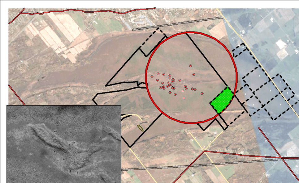 This map supplied by DND illustrates the target zones of the former Mer Bleue Bog bombing range. The red crosses represent the locations of impact craters at the site.. (Department of National Defence)