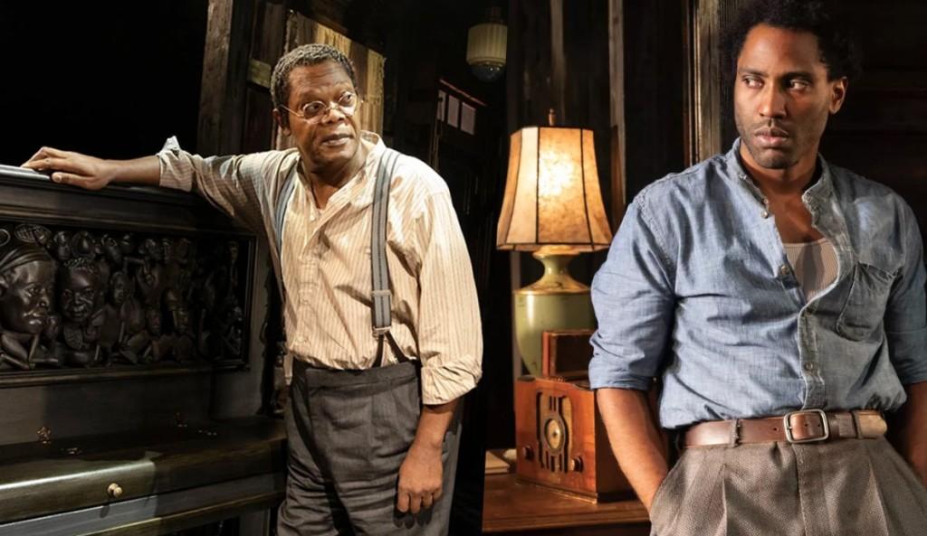 Family patriarch Doaker Charles (Samuel L. Jackson, L) and his son Willie (John David Washington), in "The Piano Lesson." (Netflix)