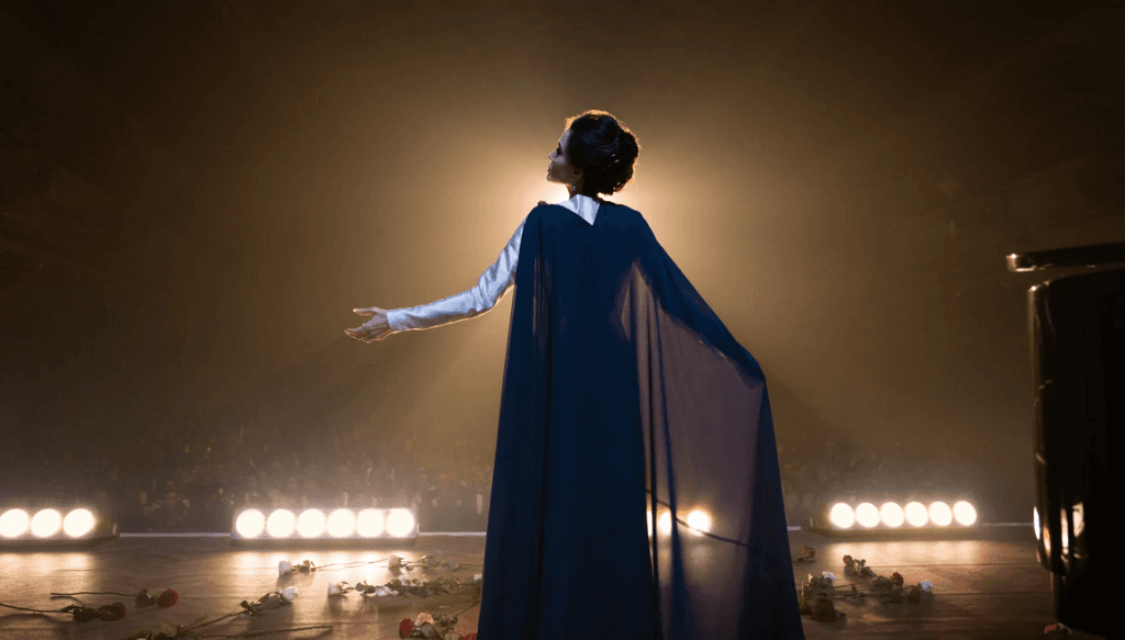 Opera diva Maria Callas (Angelina Jolie) performs, in "Maria." (Netflix)