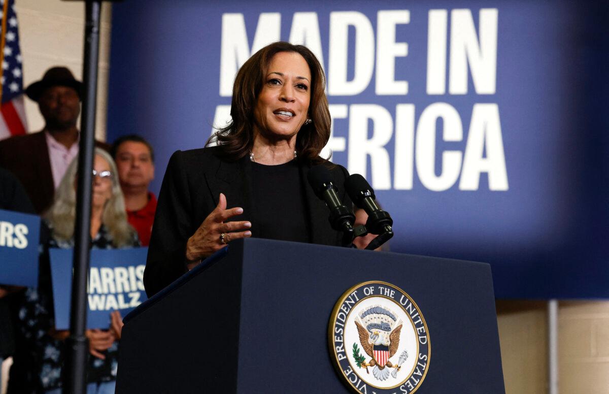 Vice President Kamala Harris speaks during a campaign event at the UAW Local 652 at the Capital Region International Airport in Lansing, Mich., on Oct. 18, 2024. (Jeff Kowalsky/AFP via Getty Images)