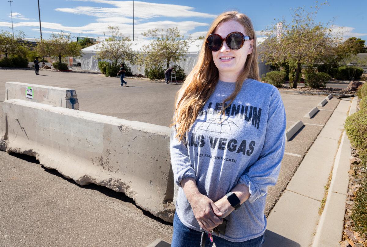 Shonna Wolkov stands outside a voting area in northwestern Las Vegas, Nev., on Oct. 19, 2024. (John Fredricks/The Epoch Times)