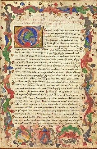 The first page of a miniature version of "De Oratore" by Cicero, published in the 1400s. (Public Domain)