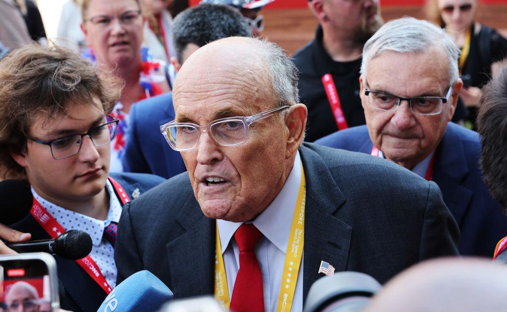 Rudy Giuliani, former New York City mayor and the former personal lawyer to President Donald Trump, speaks with the press in Milwaukee on July 16, 2024. (Michael M. Santiago/Getty Images)
