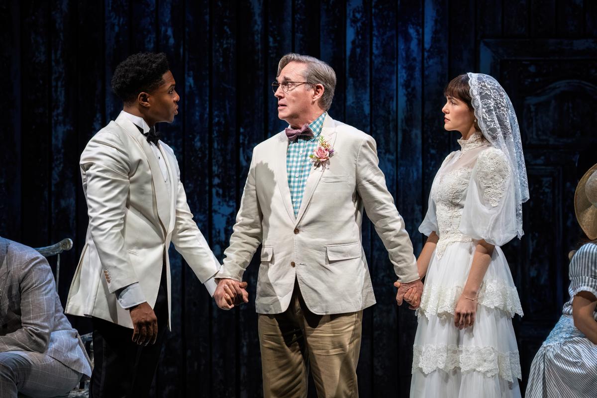(L-R) George Gibbs (Ephraim Sykes) talks to Mr. Webb (Richard Thomas), the father of his bride, Emily (Zoey Deutch), in "Our Town." (Daniel Rader)