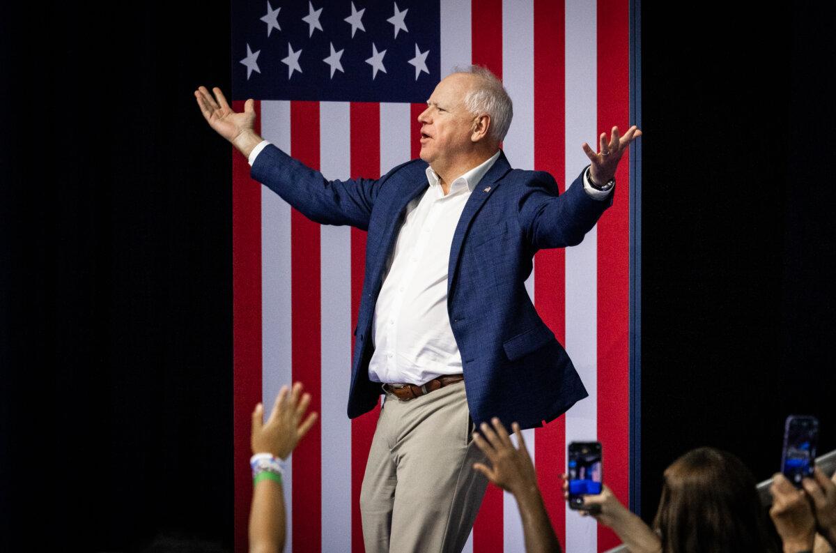 Minnesota Gov. Tim Walz speaks in Madison, Wis., on Oct. 22, 2024. (John Fredricks/The Epoch Times)