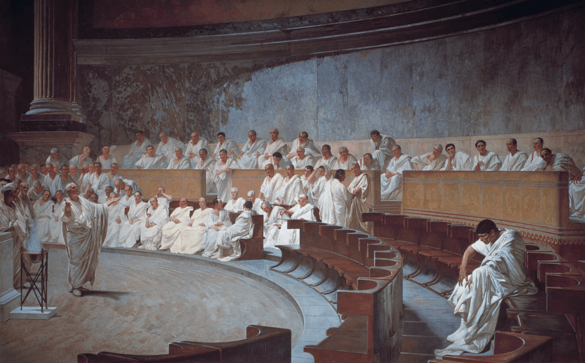 "Cicero Denounces Catiline," circa 1880, by Cesare Maccari. Fresco. Palazzo Madama, Rome. (Public Domain)