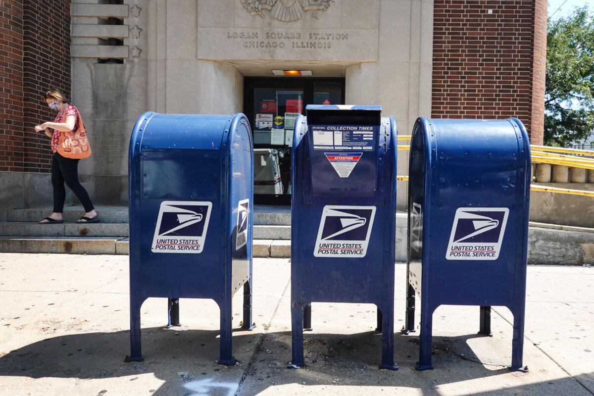 Mail boxes at the front of a United States Postal Service facility in Chicago on Aug. 13, 2020. (Scott Olson/Getty Images)