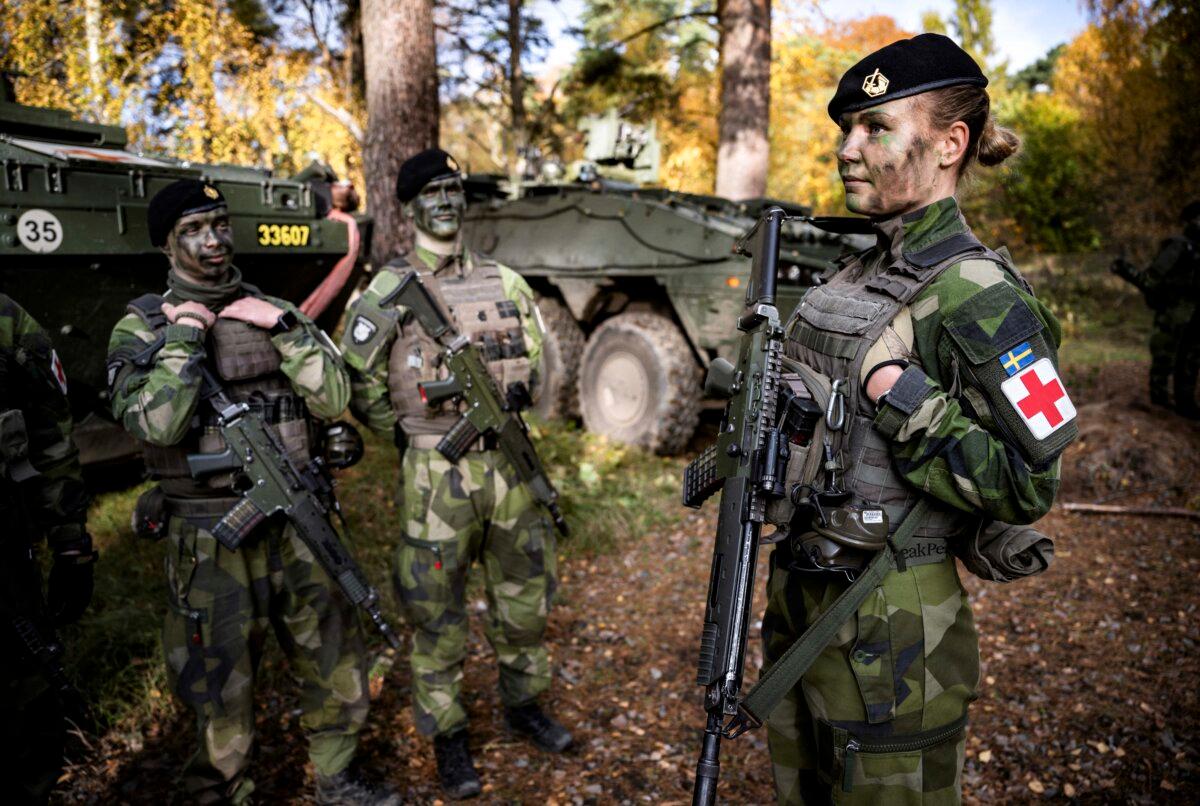 A health care team of the Swedish military during a press conference at the P7 military base in Revingehed, Sweden, on Oct. 24, 2024. (Johan Nilsson/TT News Agency/AFP via Getty Images)