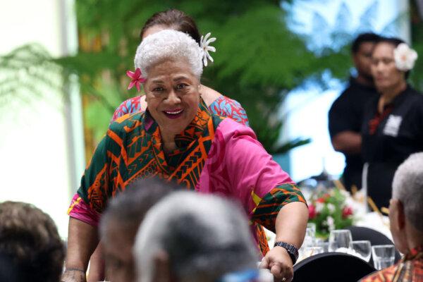 Afioga Fiamē Naomi Mataʻafa, Prime Minister of Samoa at the CHOGM welcome state banquet at the Football Federation Hall in Apia, Samoa on Oct. 24, 2024. (Fiona Goodall - Pool/Getty Images)