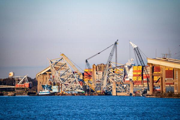 The Francis Scott Key Bridge in Baltimore, Md., which collapsed after being struck by a container ship in March, is seen on April 5, 2024. (Madalina Vasiliu/The Epoch Times)