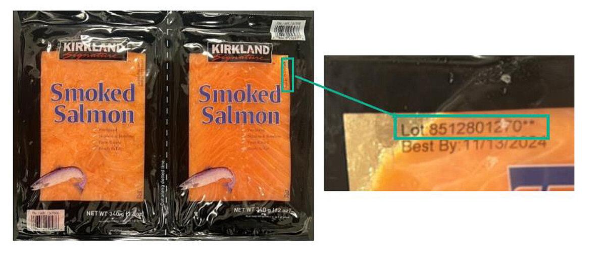 Examples of Kirkland Signature Smoked Salmon and their lot numbers, sold at Costco stores in southeastern states, that have been recalled over possible listeria contamination. (Courtesy of Acme Smoked Fish Corporation).
