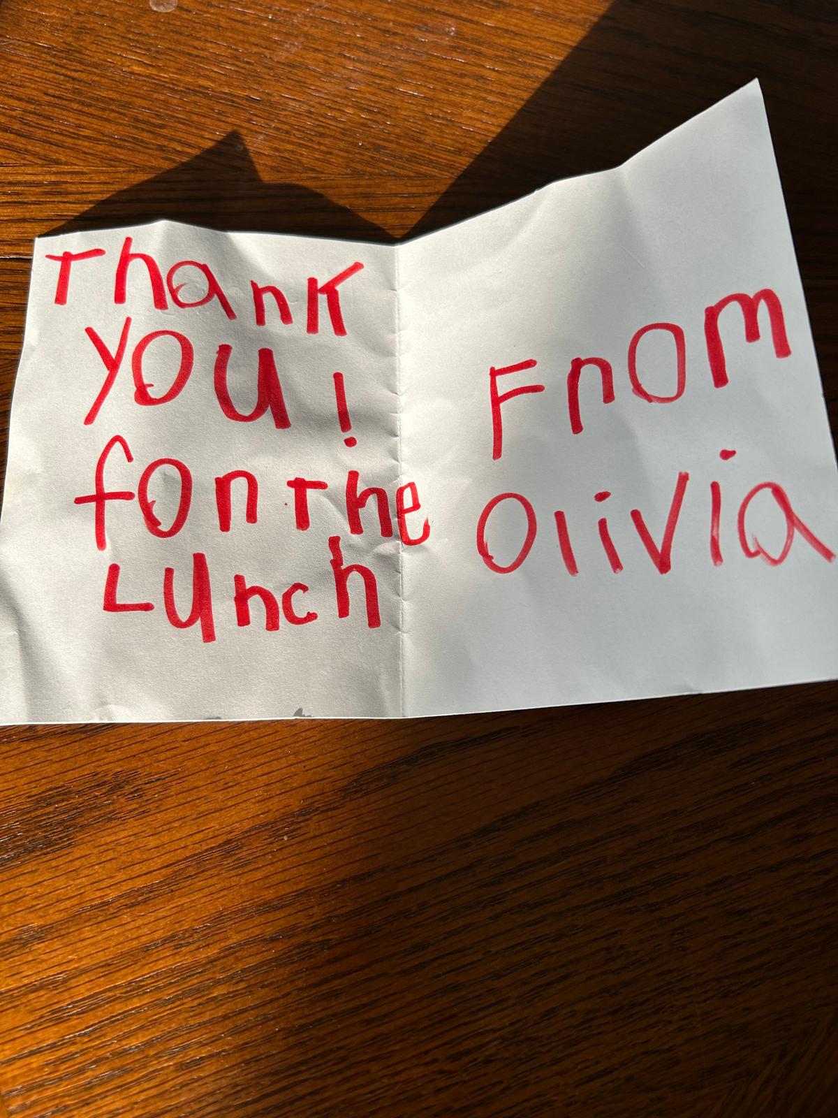 The thank-you note Sarah Fiacco received from a first grader named Olivia. (Courtesy of Sarah Fiacco)
