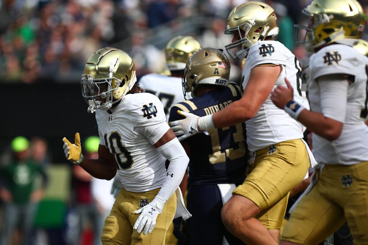Kris Mitchell #10 of the Notre Dame Fighting Irish celebrates a touchdown against the Navy Midshipmen during the first half at Met Life Stadium in New York City on October 26, 2024. (Edward Diller/Getty Images)