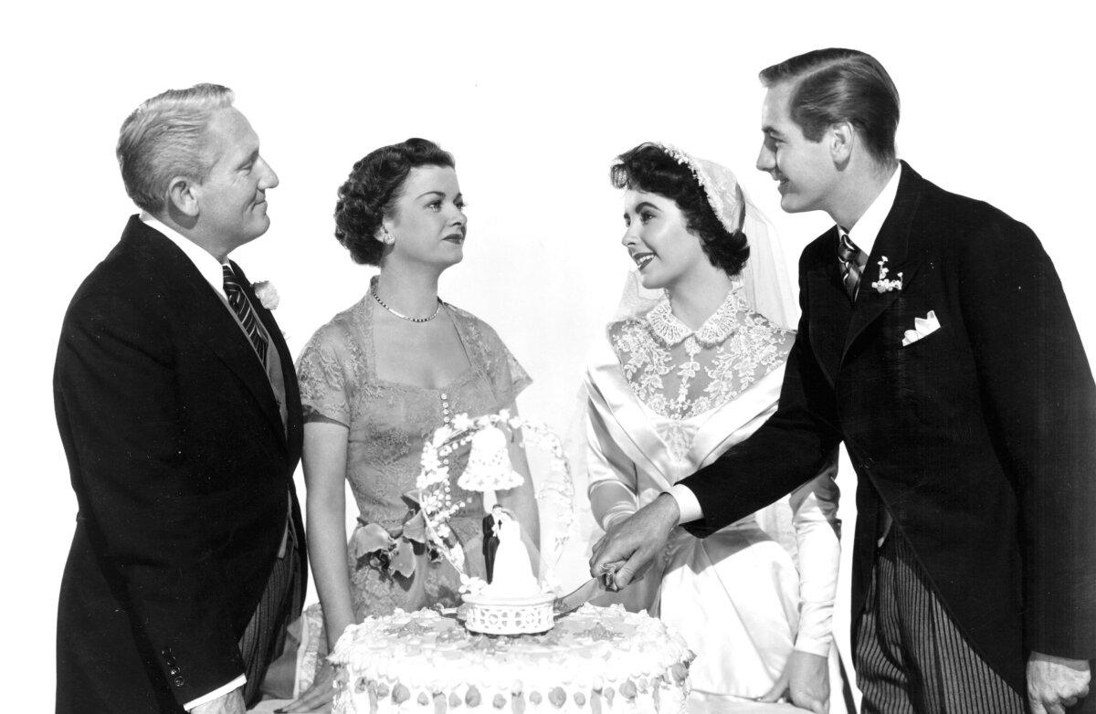(L–R) Stanley T. Banks (Spencer Tracy), Ellie Banks (Joan Bennett), Kay Dunstan (Elizabeth Taylor), and Buckley Dunstan (Don Taylor), in “Father of the Bride.” (MovieStillsDB)