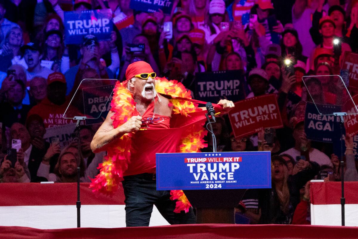 Hulk Hogan, retired professional wrestler, arrives at a campaign rally for Republican presidential nominee, former President Donald Trump at Madison Square Garden in New York City on Oct. 27, 2024. (Samira Bouaou/The Epoch Times)