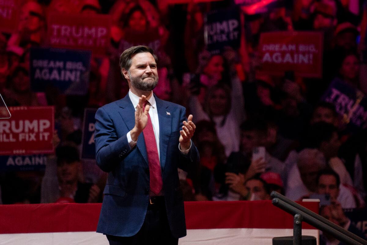 Sen. JD Vance takes the stage at a campaign rally for Republican presidential nominee and former President Donald Trump at Madison Square Garden in New York City on Oct. 27, 2024. (Samira Bouaou/The Epoch Times)