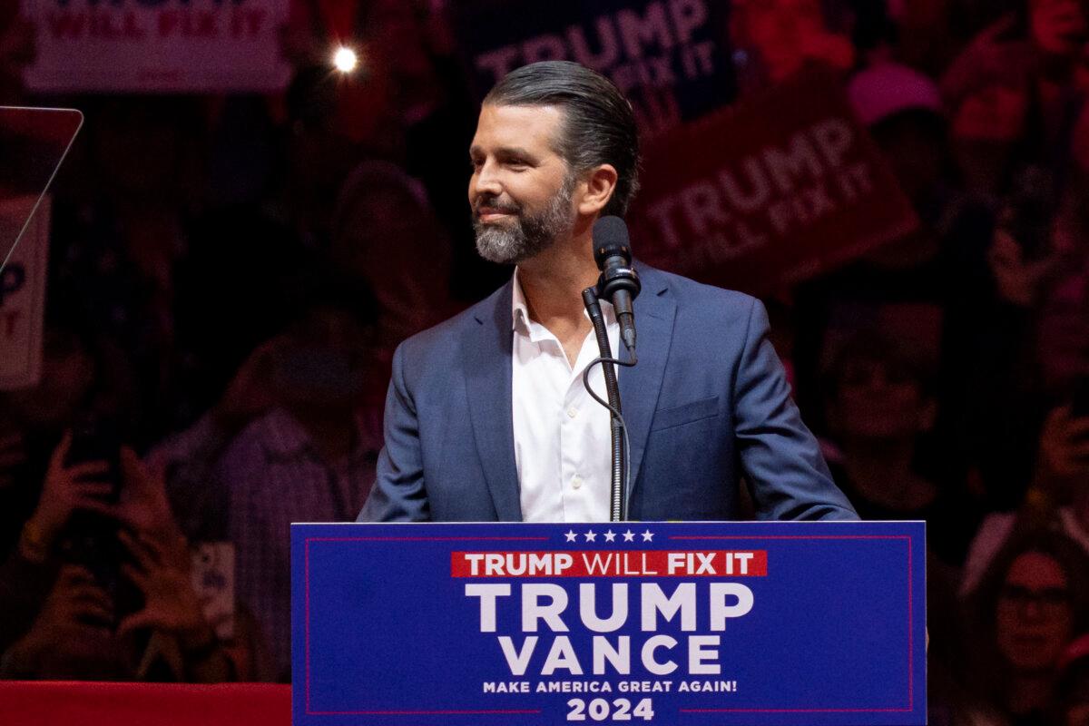 Donald Trump Jr. speaks at a campaign rally for former President Donald Trump at Madison Square Garden in New York City on Oct. 27, 2024. (Samira Bouaou/The Epoch Times)