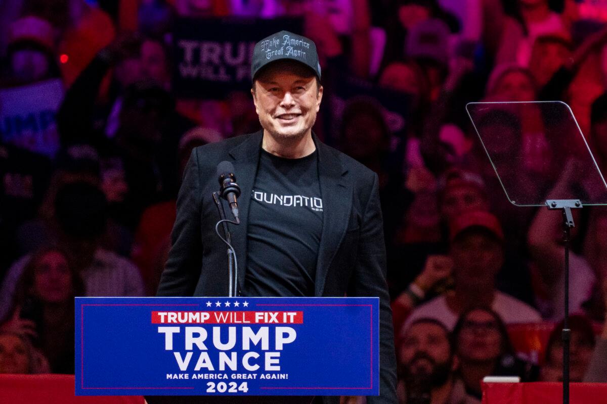 Elon Musk, founder, CEO, and Chief Engineer of SpaceX, speaks during a campaign rally for Republican presidential nominee, former President Donald Trump at Madison Square Garden in New York City on Oct. 27, 2024. (Samira Bouaou/The Epoch Times)