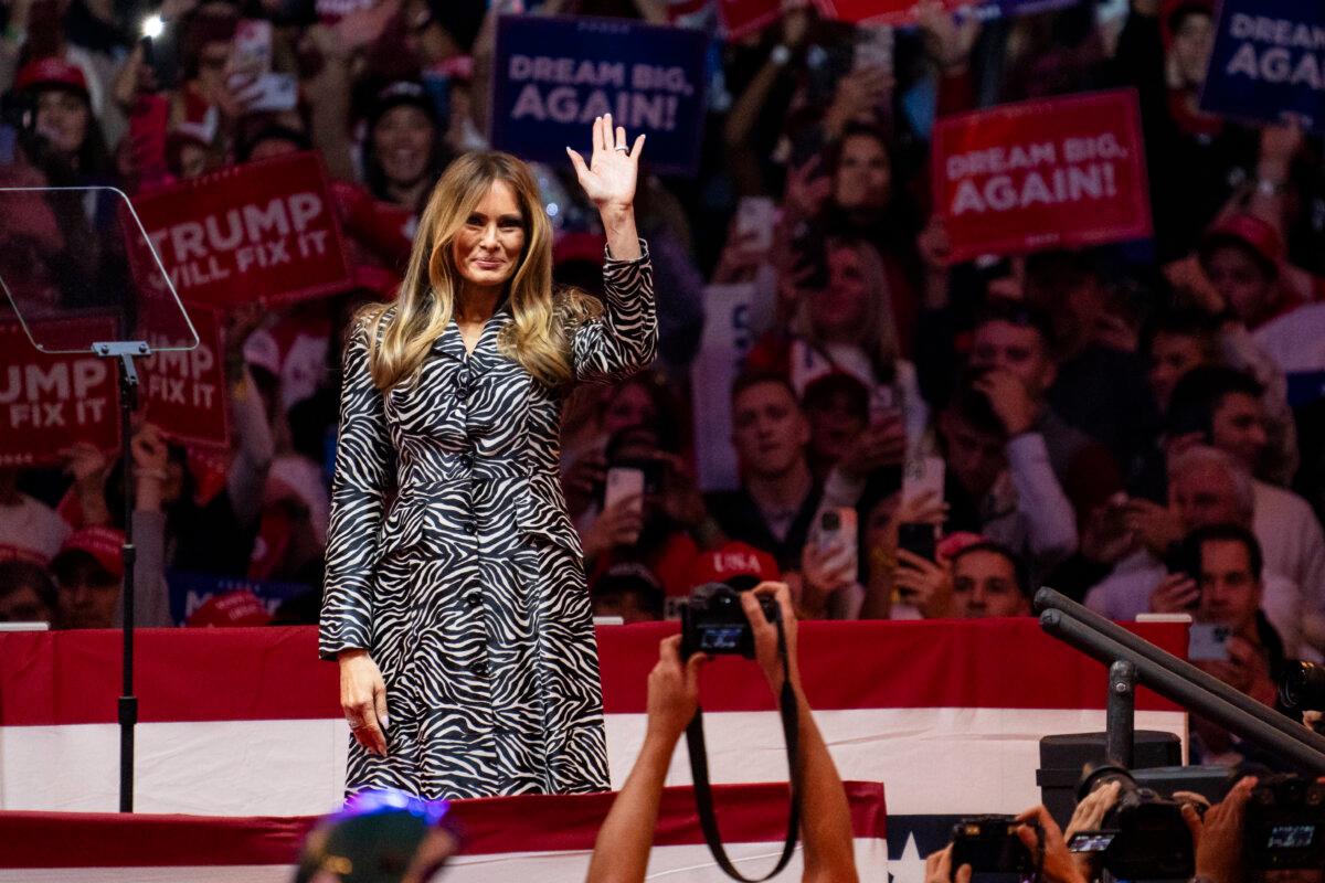 Former First Lady Melania Trump speaks at a campaign rally for former President Donald Trump at Madison Square Garden in New York City, on Oct. 27, 2024. (Samira Bouaou/The Epoch Times)