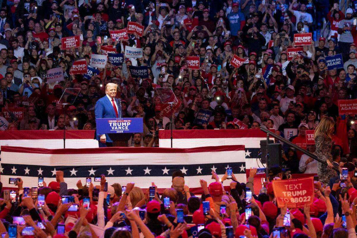 Former president Donald J. Trump speaks during a campaign rally at Madison Square Garden in New York City on Oct. 27, 2024. (Samira Bouaou/The Epoch Times)