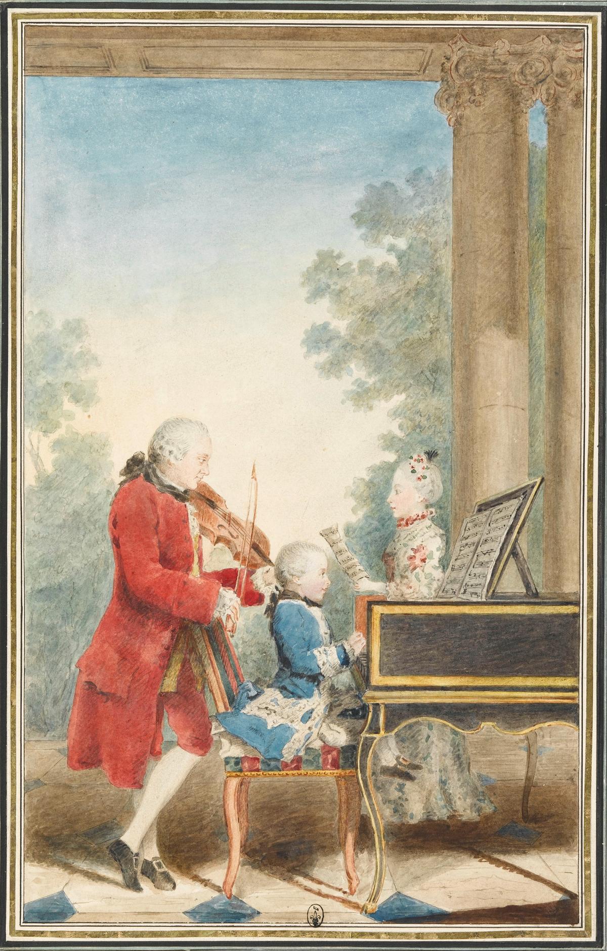 A portrait of Wolfgang Amadeus Mozart playing in Paris with his father Johann Georg Leopold and his sister Maria Anna, 1763, by Louis Carrogis Carmontelle. Griffel, sanguine, gouache paint, and watercolor paint on paper. Condé Museum, Chantilly, France. (Public Domain)