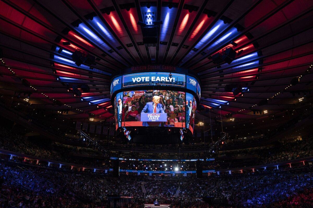 Former president Donald J. Trump speaks during a campaign rally at Madison Square Garden in New York City on Oct. 27, 2024. (Samira Bouaou/The Epoch Times)