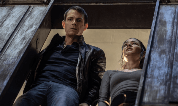 Detective Frank Shaw (Joel Kinnaman) and Ava (Sandra Mae Frank) contemplate escape via an elevator shaft in "The Silent Hour." (Republic Pictures)