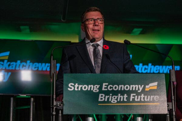 Re-elected Saskatchewan Premier Scott Moe speaks to media, following his party winning a majority government in the provincial election, in Shellbrook, Sask., on Oct. 29, 2024. (The Canadian Press/Liam Richards)
