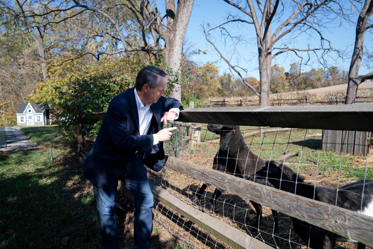 John Hart, Open the Books' new CEO, with his goats in Knoxville, Md., on Oct. 29, 2024. (Madalina Vasiliu/The Epoch Times)