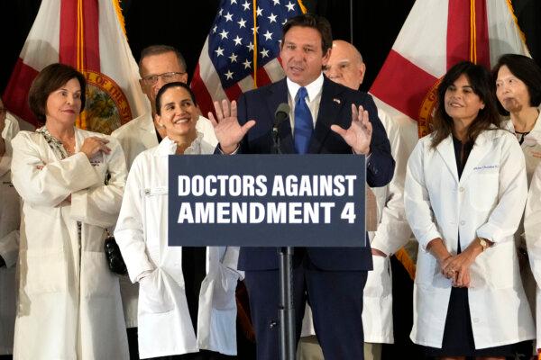 Florida Gov. Ron DeSantis speaks out against Amendment 4, which would protect access to abortion, during a news conference with Florida Physicians Against Amendment 4, in Coral Gables, Fla. on Oct. 21, 2024. (AP Photo/Lynne Sladky)