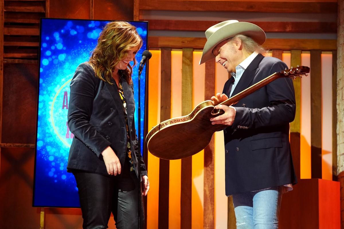 Dwight Yoakam accepts the Lifetime Achievement Award from Brandy Clark at the 23rd Annual Americana Honors Awards at Ryman Auditorium on Sept. 18, 2024 in Nashville, Tenn. (Erika Goldring/Getty Images)