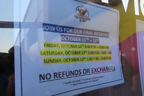 A sign advertises the final days of operation for Gillian's Wonderland, the popular amusement park on the boardwalk in Ocean City, N.J., on Oct. 13, 2024. (Wayne Parry/AP Photo)