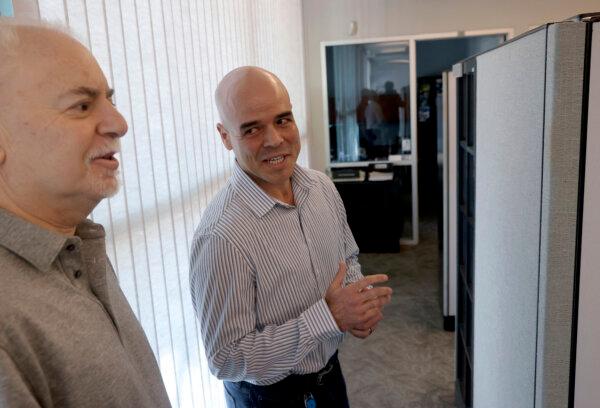 Clark County Public Administrator Robert Telles, (R), talks to Las Vegas Review-Journal reporter Jeff German in his Las Vegas office on May 11, 2022. (K.M. Cannon/Las Vegas Review-Journal via AP)