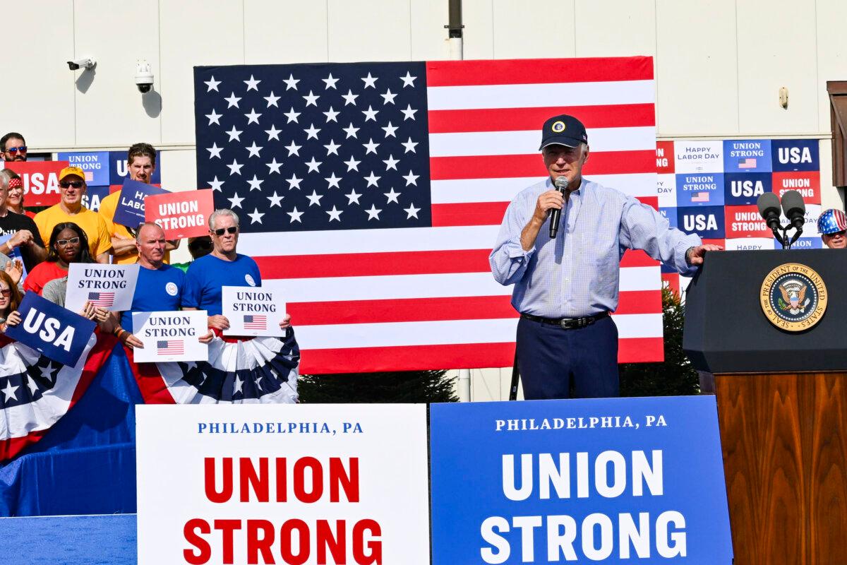 President Joe Biden addresses union workers at Sheet Metal Workers Local 19 in Philadelphia, Pennsylvania, September 4, 2023. (Mark Makela/Getty Images)