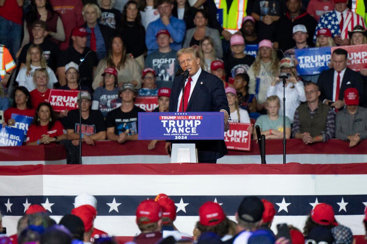 Former U.S. President and Republican presidential candidate Donald Trump speaks during a campaign rally at the Salem Civic Center in Salem, Va., on Nov. 2, 2024. (Allison Joyce/AFP via Getty Images)