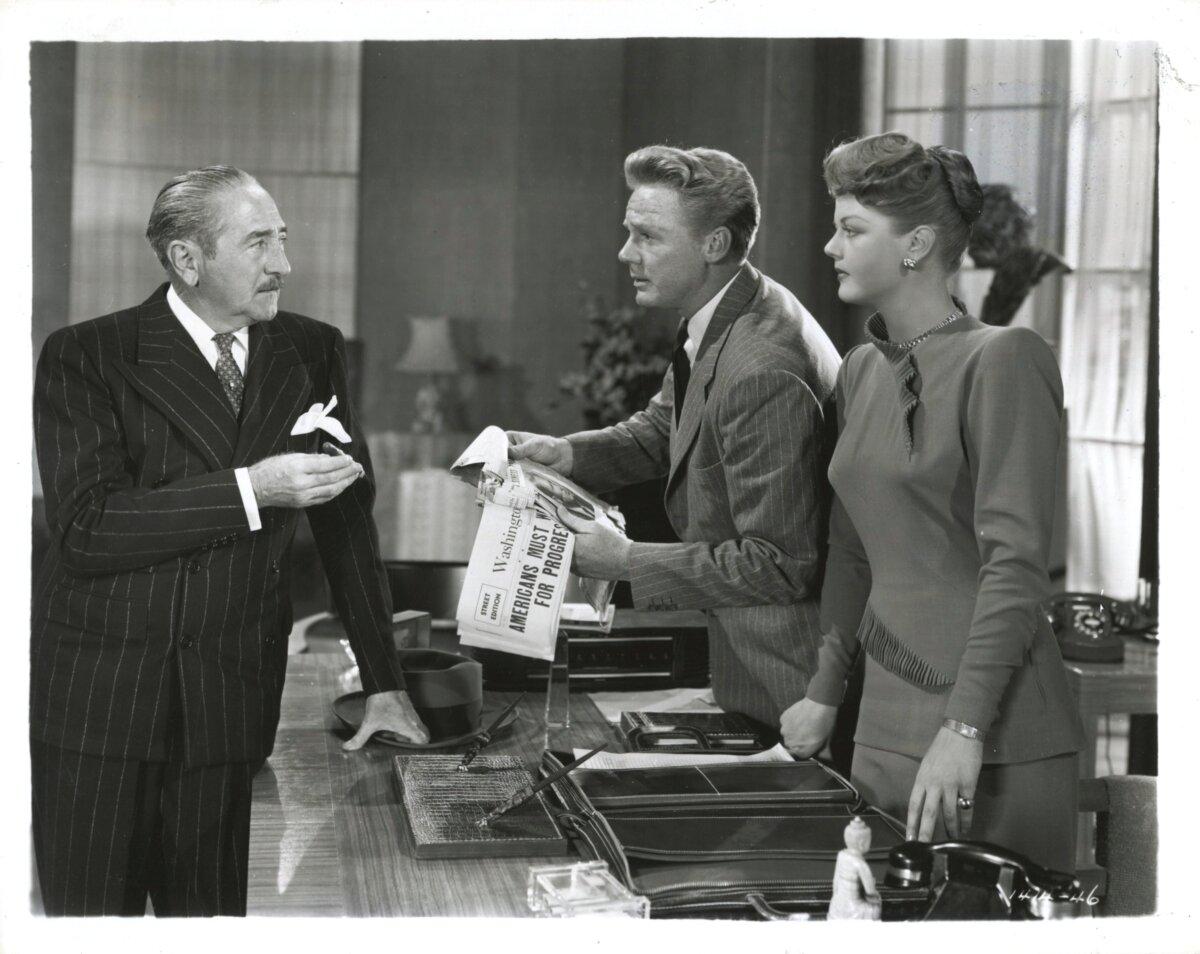 (L–R) Jim Conover (Adolphe Menjou), Spike McManus (Van Johnson), and Kay Thorndyke (Angela Lansbury), in “State of the Union.” (MovieStillsDB)
