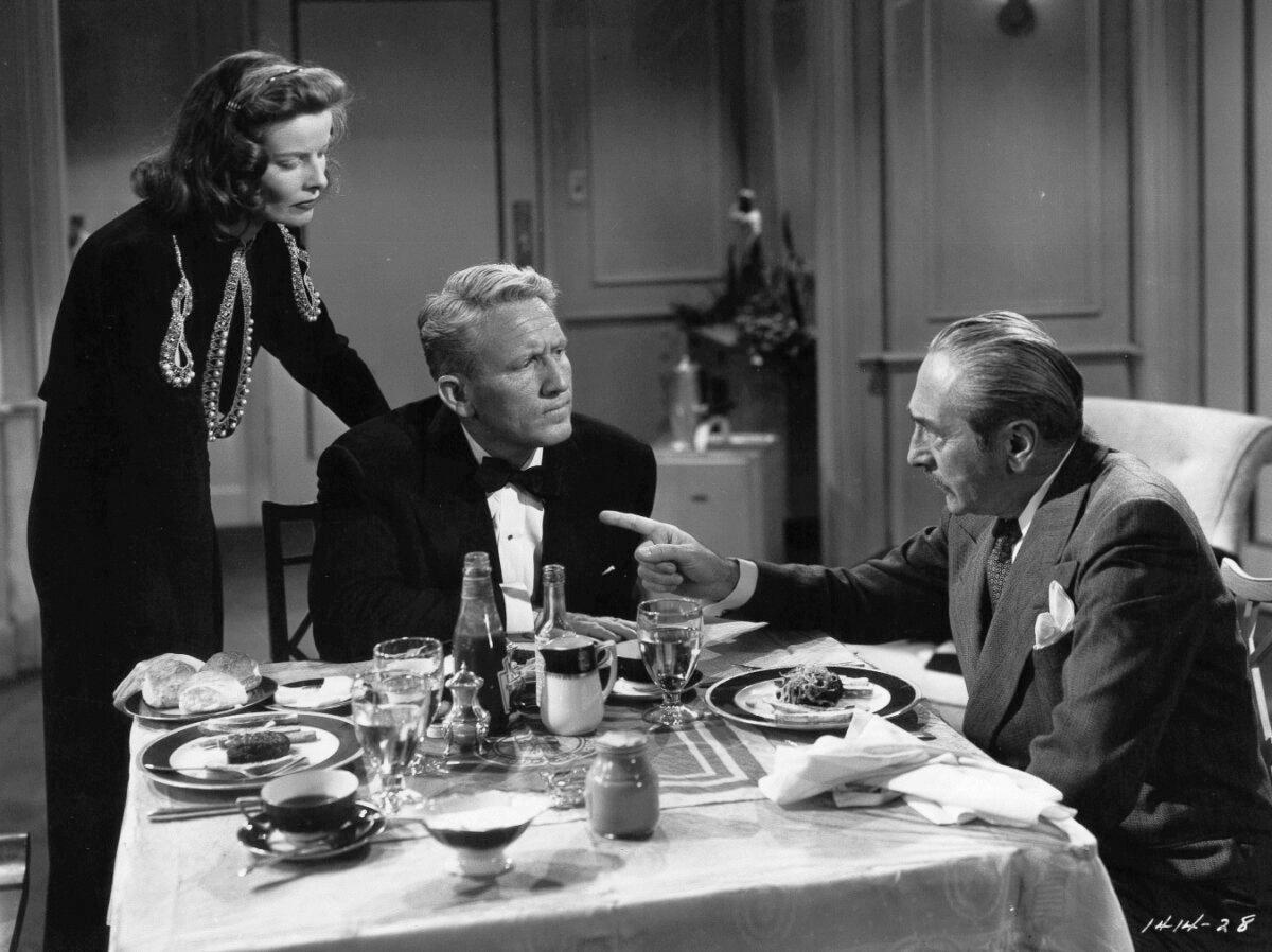 (L–R) Mary Matthews (Katharine Hepburn), Grant Matthews (Spencer Tracy), and Jim Conover (Adolphe Menjou), in “State of the Union.” (MovieStillsDB)