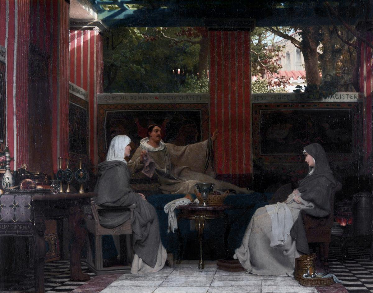 Venantius Fortunatus reading his poems to Radegonda VI and the abbess in the monastery of Poitier, 19th century, by Lawrence Alma-Tadema. Oil on canvas. A venerated poet since the Middle Ages, Venantius Fortunatus wrote 11 surviving books of poetry in a diverse group of genres. Dordrechts Museum, Netherlands. (Public Domain)