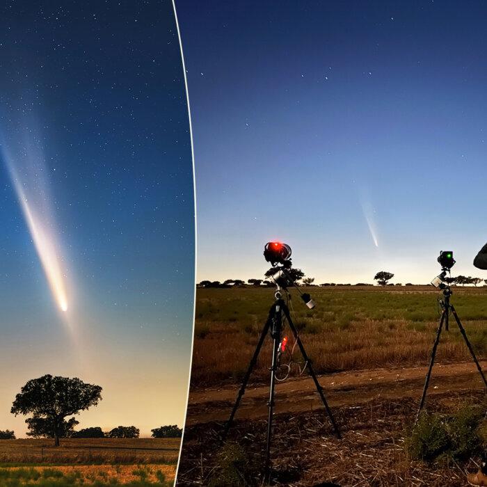 Comet Chaser Captures Epic Shots of Atlas Comet With Spectacular Anti-Tail in Pink Twilight Sky