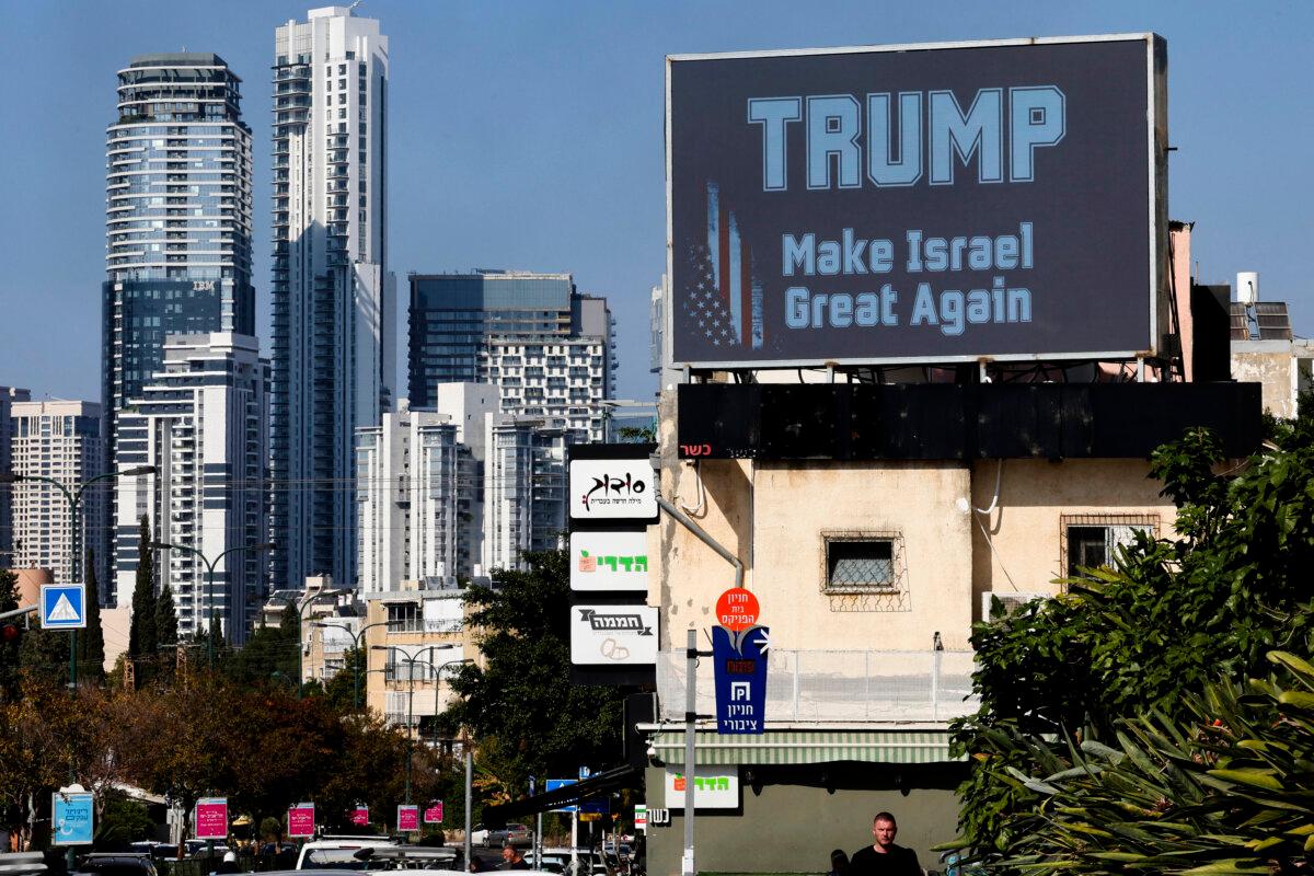 A billboard with a message supporting then-U.S. presidential candidate Donald Trump in Tel Aviv, Israel, November 5, 2024. (Jacques Ghez/AFP via Getty Images)
