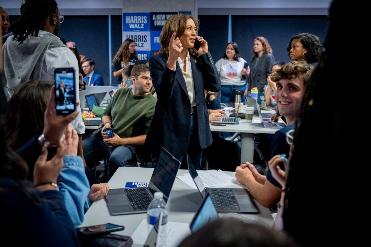 Democratic presidential nominee, Vice President Kamala Harris drops by a phone bank event at the Democratic National Committee headquarters on Election Day in Washington on Nov. 5, 2024. (Andrew Harnik/Getty Images)