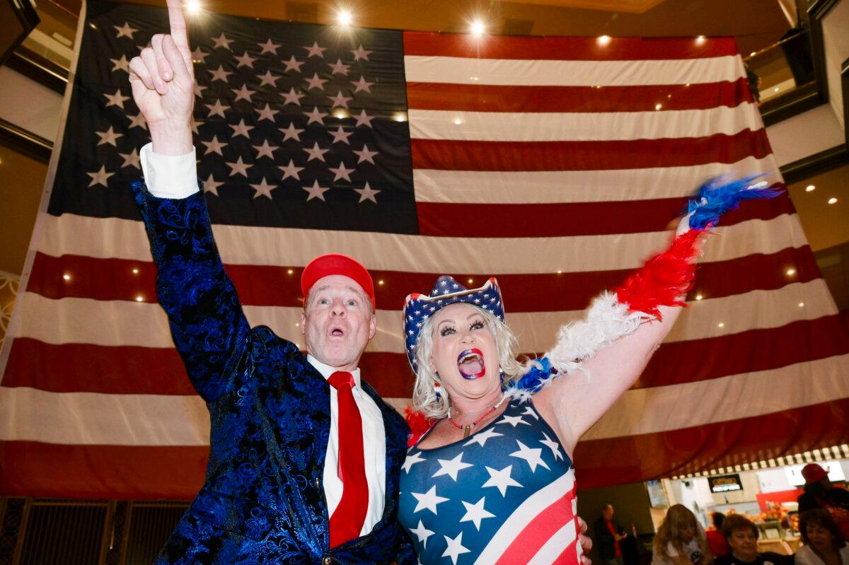 Attendees celebrate as the election results come in at the state Republican watch party at the Ahern Hotel in Las Vegas on Nov. 5, 2024. (Jacob Kepler/The Epoch Times)
