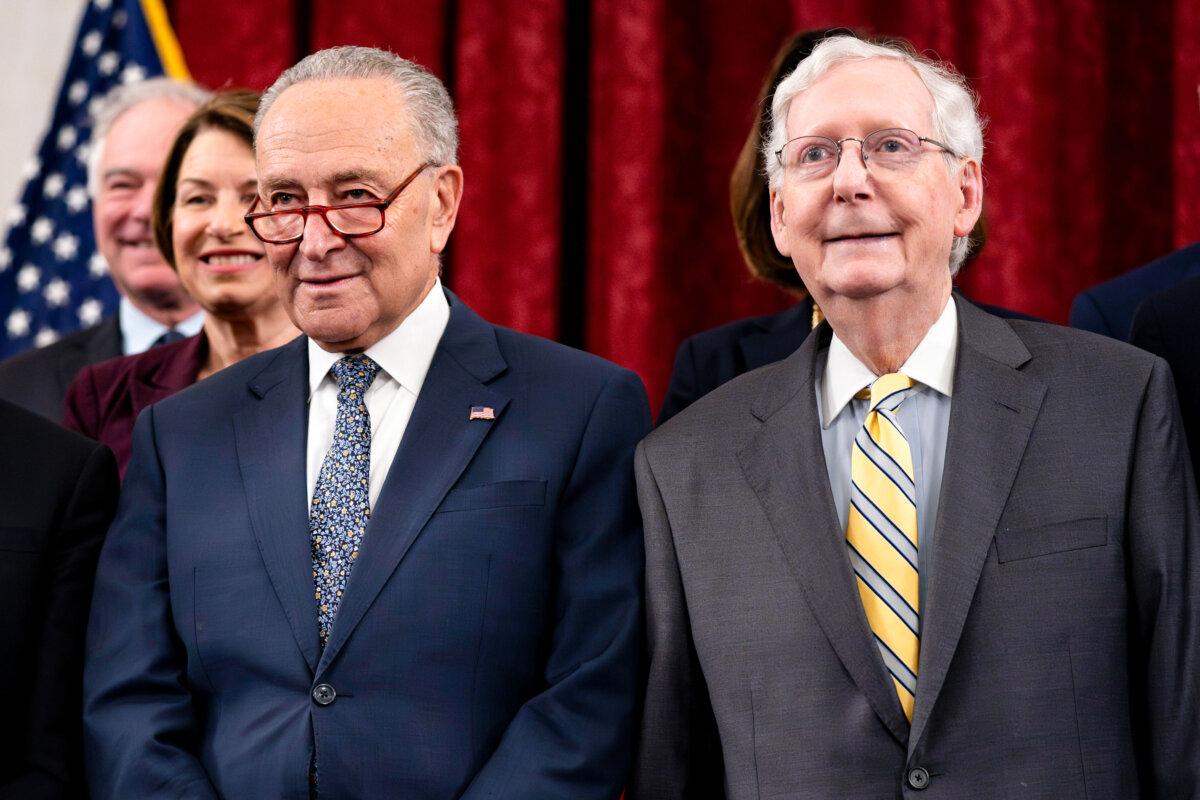 Senate Majority Leader Chuck Schumer (D-N.Y.) (L) and Senate Minority Leader Mitch McConnell (R-Ky.) (R) at the U.S. Capitol, on July 10, 2024. (Bonnie Cash/Getty Images)