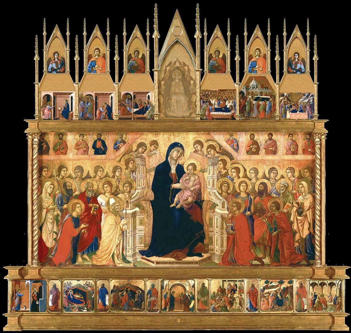 Front side of the "Maestà," 1308–1311, by Duccio di Buoninsegna. Tempera and gold leaf on panel; 7 feet by 13 feet. Siena Cathedral Museum, Italy. (Public Domain)