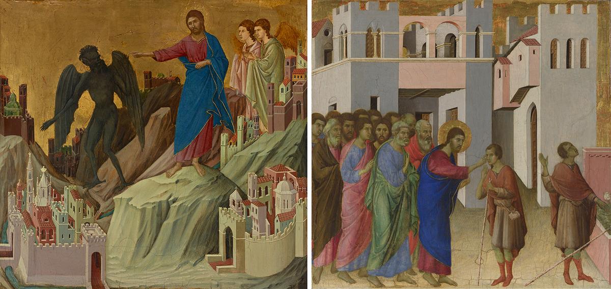 Two detailed scenes of the "Life of Christ" from the back side of Duccio's "Maestà." (L) "The Temptation of Christ on the Mountain," 1308–1311, by Duccio di Buoninsegna. Tempera and gold leaf on poplar panel; 17 inches by 18 1/8 inches. Frick Collection, New York City. (R) "The Healing of the Man Born Blind," 1308–1311, by Duccio di Buoninsegna. Tempera and gold leaf on panel; 17 3/4 inches by 18 3/8 inches. National Gallery, London. (The Metropolitan Museum of Art)