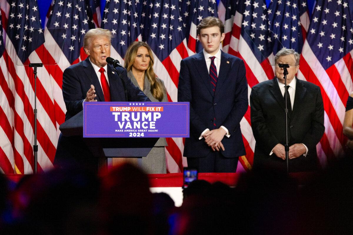 President-elect Donald Trump is joined by his wife, Melania Trump, and son Barron Trump as he speaks to supporters in West Palm Beach, Fla., on Nov. 6, 2024. (John Fredricks/The Epoch Times)