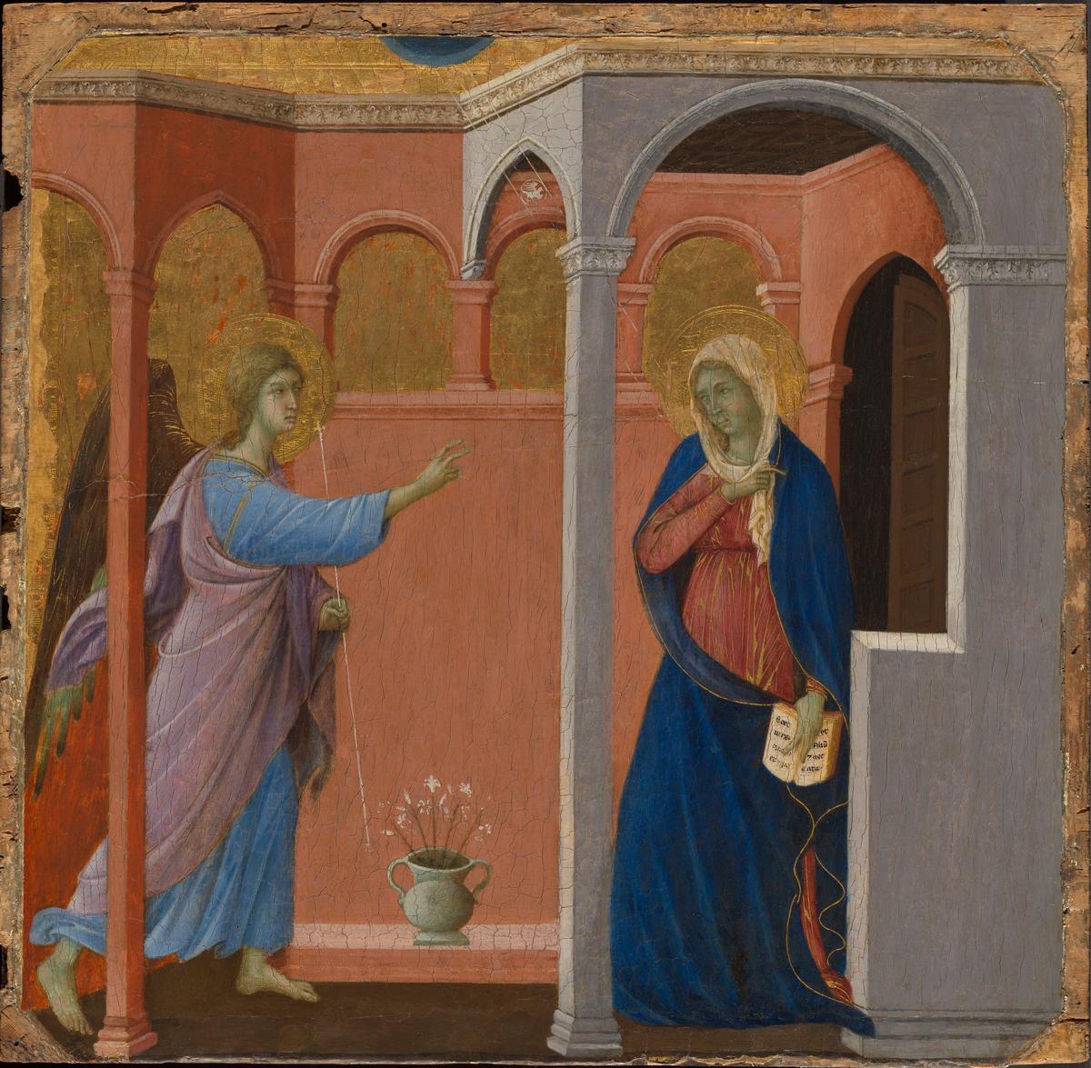 "The Annunciation," 1308–1311, by Duccio di Buoninsegna is a scene on the front side of "Maestà" altarpiece. Tempera and gold on wood; 17 1/2 inches by 18 1/16 inches. National Gallery, London. (The Metropolitan Museum of Art)
