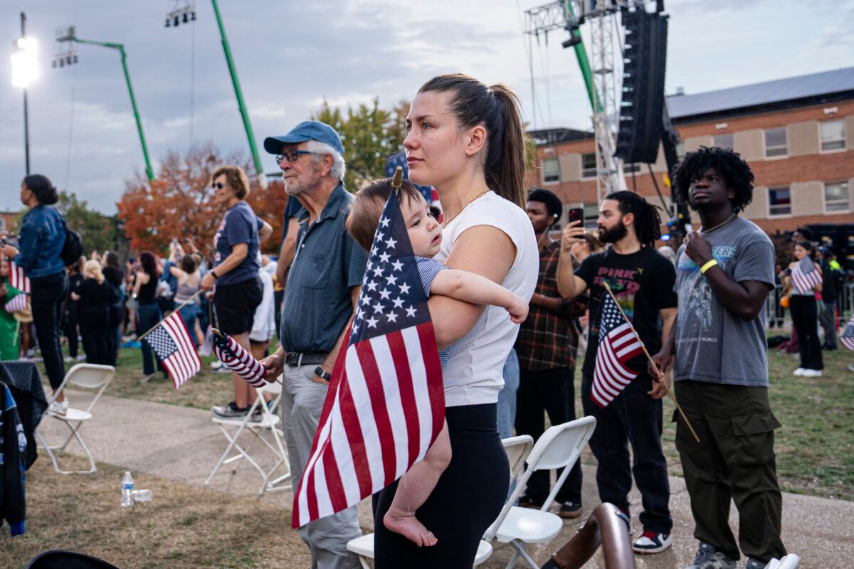 Supporters of Democratic presidential nominee Vice President Kamala Harris listen to her concession speech at Howard University in Washington on Nov. 6, 2024. (Madalina Vasiliu/The Epoch Times)