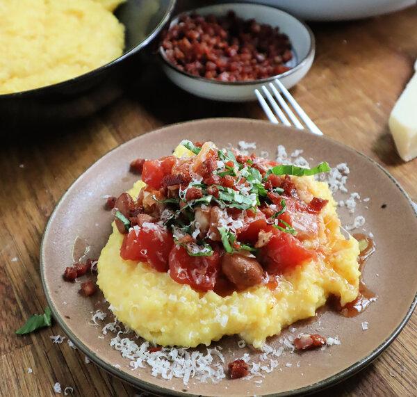 Cranberry beans simmered with tomato are a perfect match for a soft bed of cheesy polenta. (Gretchen McKay/Pittsburgh Post-Gazette/TNS)